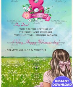 Women's Day Greeting Card with a Girl Holding a Flower, Surrounded by Green Grass, and a Light Green Background