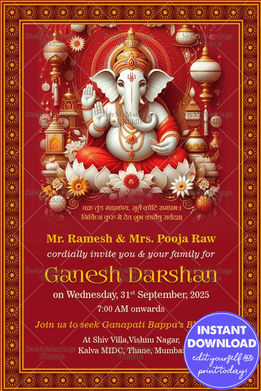 Royal Red and Gold Ganesh Darshan Invitation Card