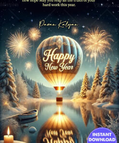 New Year Greeting Card Festive Hot-Air Balloon with Winter Theme & Fireworks