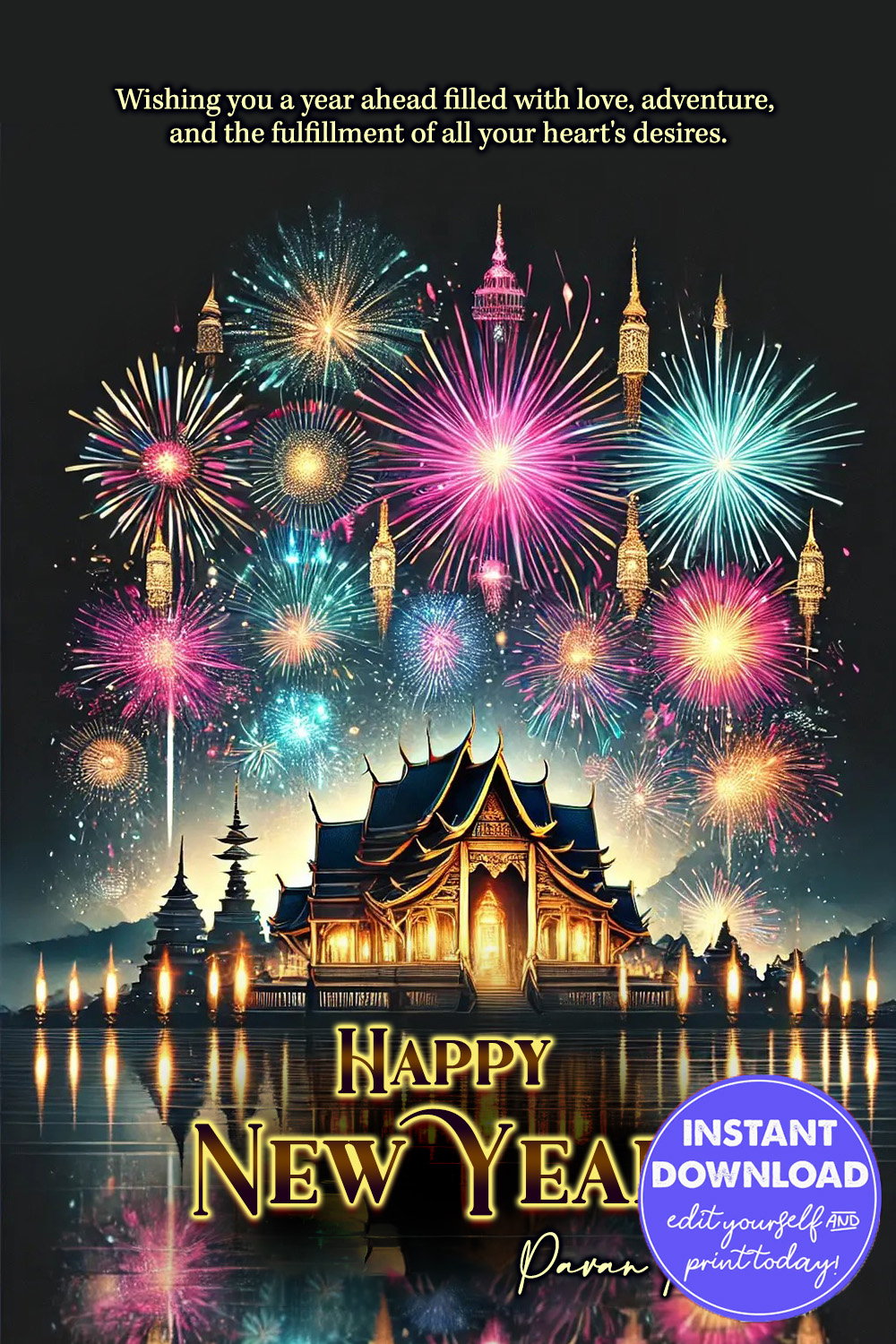 Colorful New Year Greeting Card with Fireworks Design