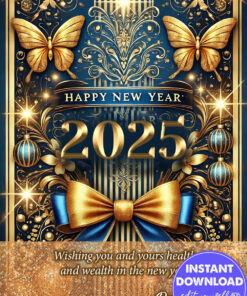 Luxurious and Festive New Year 2025 Greeting Card in Gold and Blue Theme