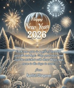 Winter Fireworks New Year Greeting Card with Hot-Air Balloon