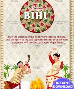 Festive Magh Bihu Celebration Greeting Card with Bonfire and Traditional Dance