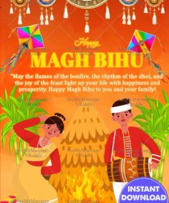 Joyful Magh Bihu Greeting Card with Dhol, Bonfire, and Assamese Art