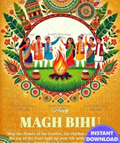 Vibrant Magh Bihu Celebration Greeting Card with Folk Dance and Bonfire