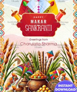 Vibrant Harvest Makar Sankranti Greeting Card with Kites and Sweets, Sugarcane