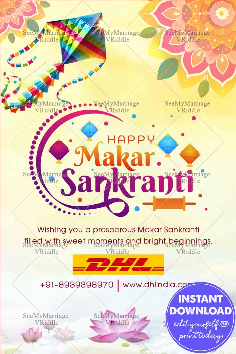 Bright Festival Makar Sankranti Greeting Card with Lotus Theme and Kites