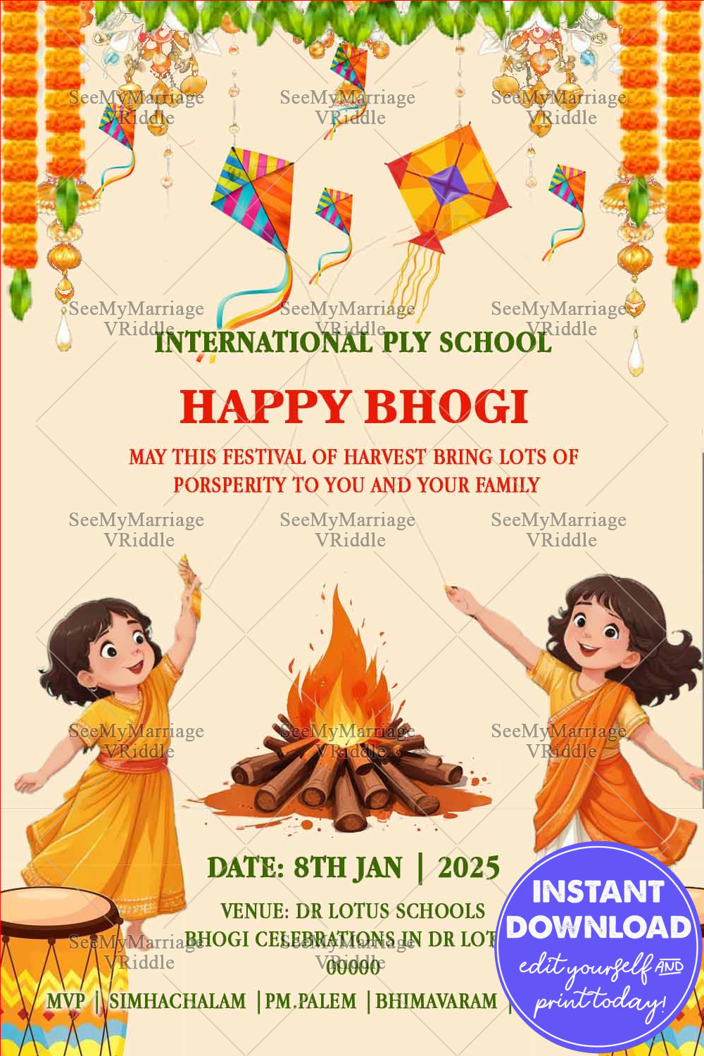 Bhogi Festive Celebration Greeting Card with Harvest, Dhols and Bonfire