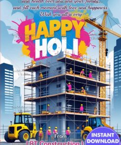 Construction Theme Holi Greeting with Building Site, Workers and Cranes