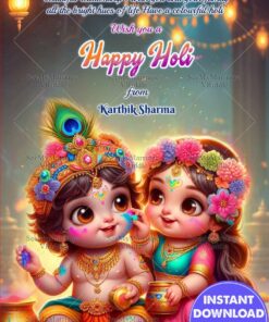 Warm Golden Lights Holi greeting with Baby Krishna-Radha and Festival Colors
