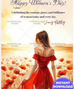 Woman Walking in Red Poppies Fields Womens Day Greeting