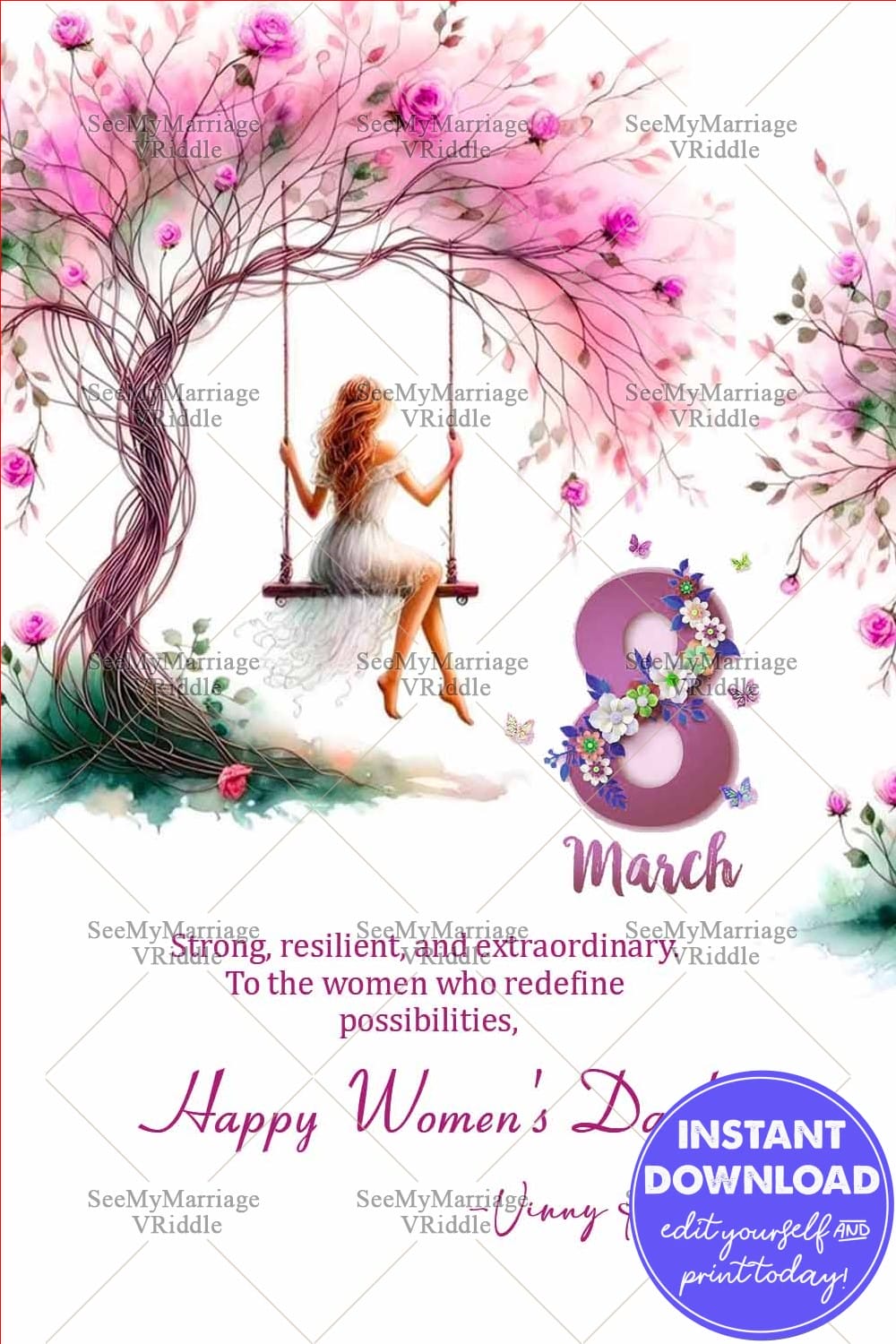 Woman on Swing, Pink Roses Women's Day Greetings