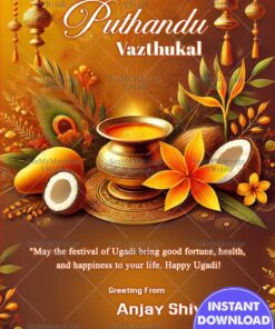Golden Theme Puthandu Vazthukal Greeting Card with Kalash, Mangoes, Coconuts and Flowers