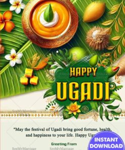 Banana leaf Theme Ugadi Greeting Card with Mangoes, Turmeric, Jaggery, Neem Leaves and Flowers