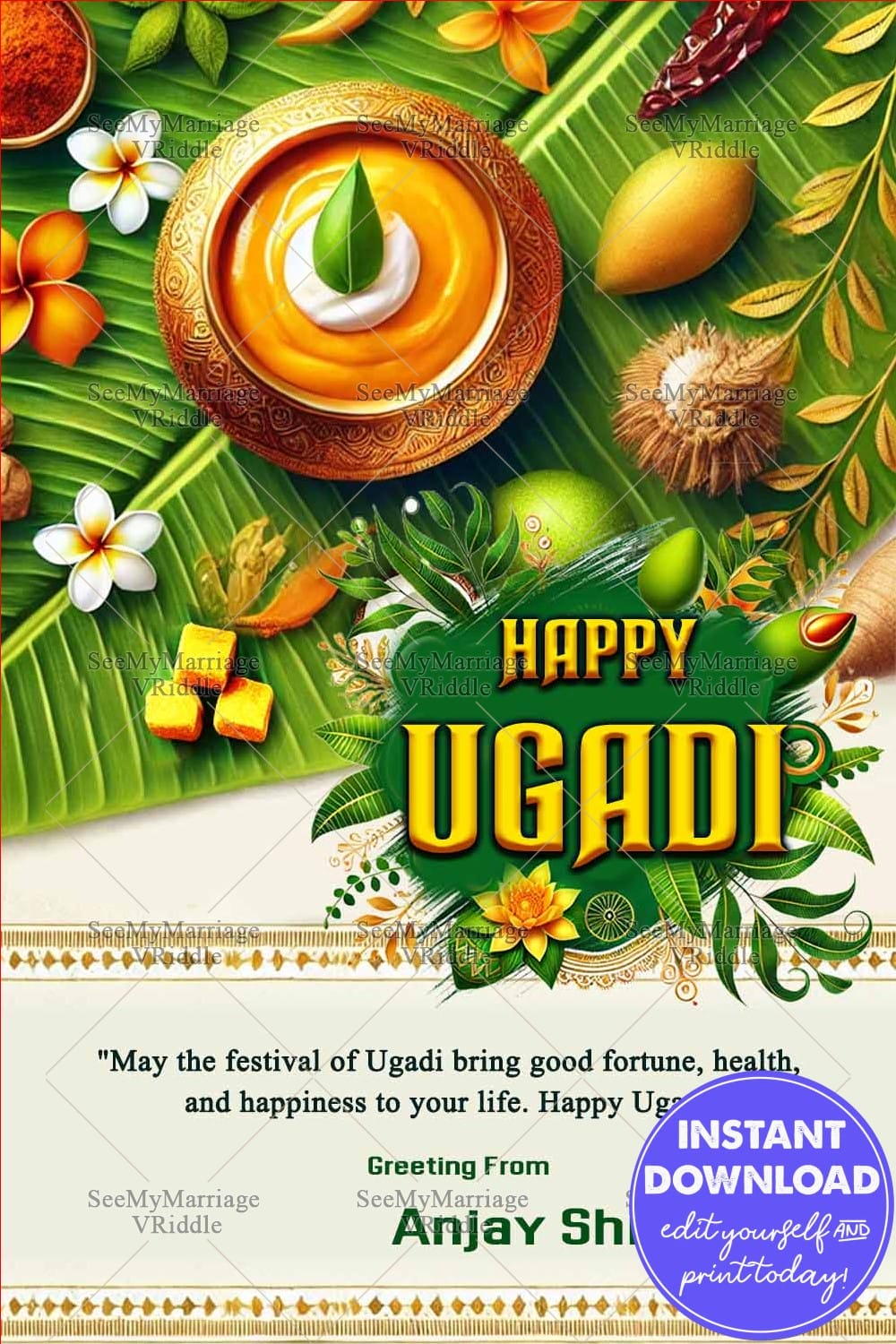 Banana leaf Theme Ugadi Greeting Card with Mangoes, Turmeric, Jaggery, Neem Leaves and Flowers