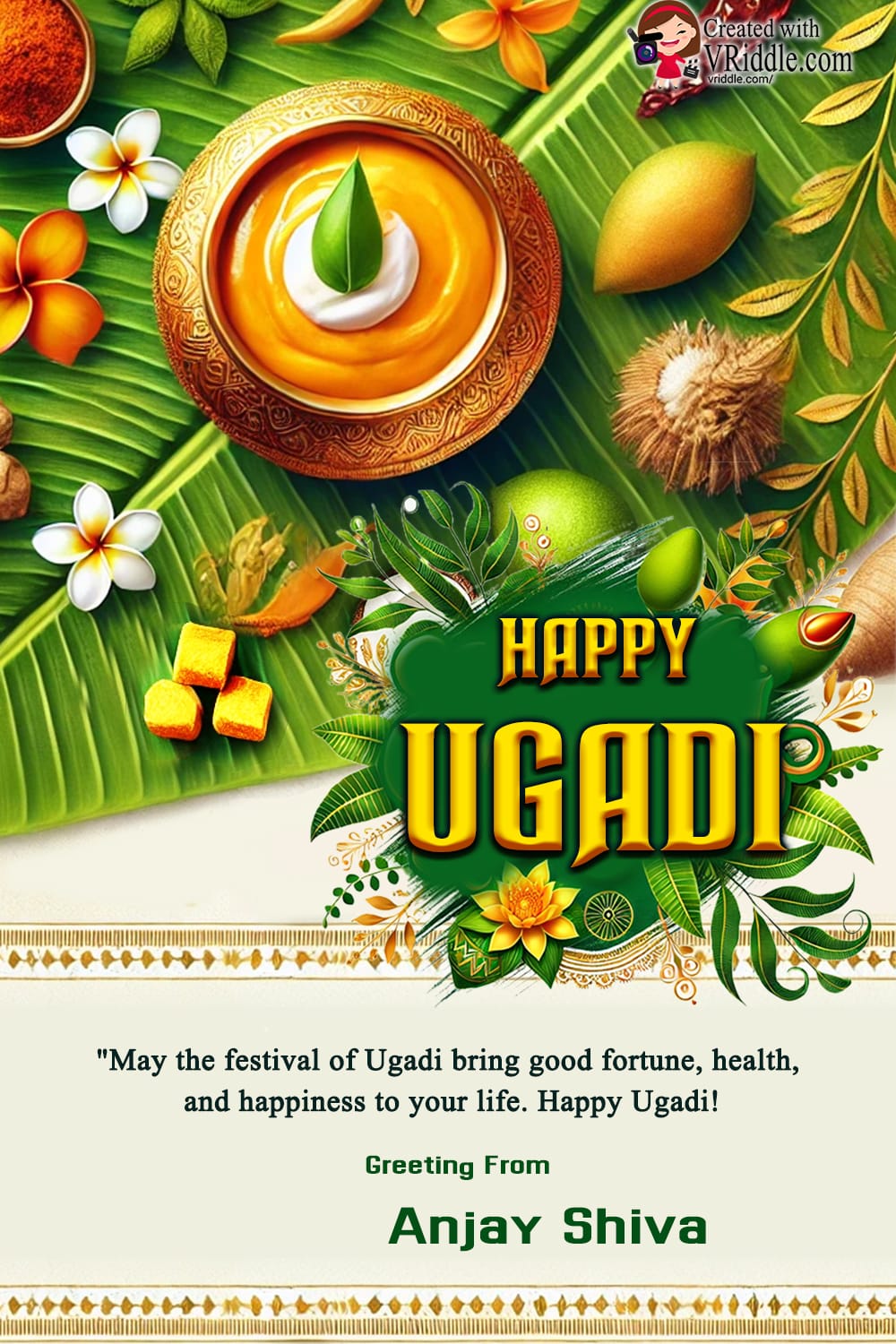 Banana leaf Theme Ugadi Greeting Card with Mangoes, Turmeric, Jaggery, Neem Leaves and Flowers - Image 2