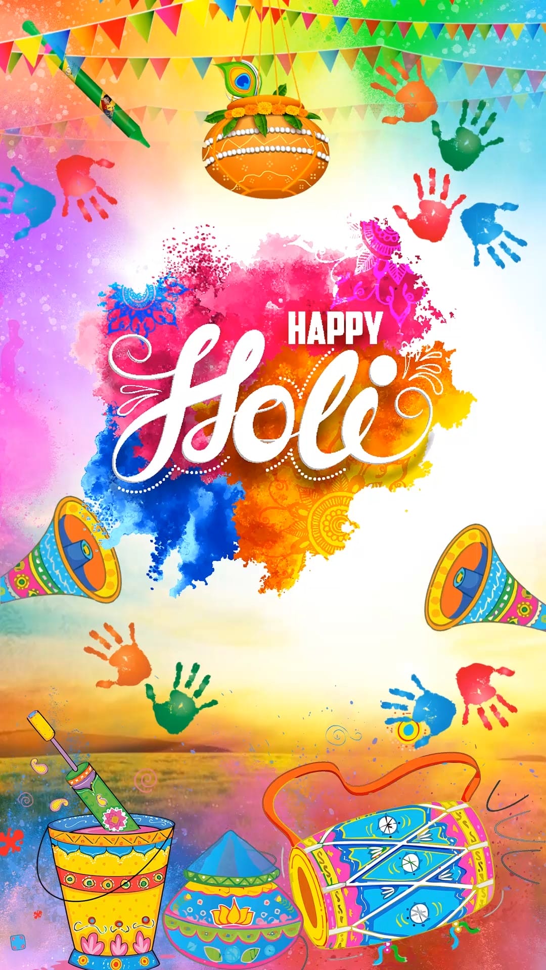 Colorful Holi Greeting Wishes Video with Handprints, Colorful Decor and Festival Theme