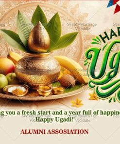 Ugadi Celebration Banner with Golden Kalash and Puja Items