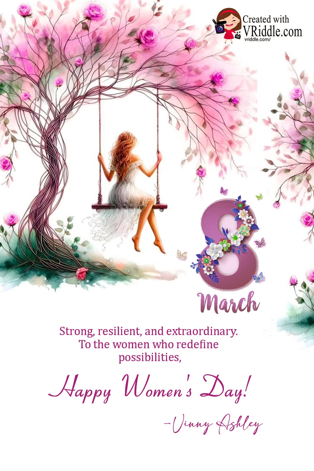 Woman on Swing, Pink Roses Women's Day Greetings - Image 2