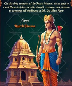 Lord Rama & Temple Sri Ram Navami Greeting Card with Green Theme, Bow and Arrows