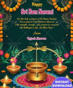 Golden Bow and Arrow Rama Navami Greeting card with Oil Lamps, Green Foliage and Flowers