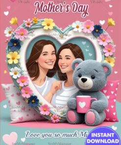 Heart Frame Mother's Day Greeting Card with Add Photo, Teddy Bear Charm and Floral Accent