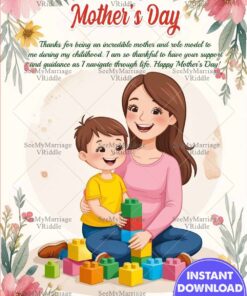 Playful Bond  Mother's Day Greeting Card with Mother & Son Building Block and Pink-Yellow Blossoms Flower