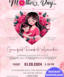 Happy Mother’s Day Celebration Invitation with Heartwarming Mother-Child Illustration and Floral Pink Background