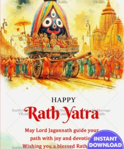 Rath Yatra Festival Greeting with Lord Jagannath Chariot and Temple Background