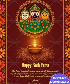 Maroon Theme Rath Yatra Greeting Card with Lord Jagannath, Balabhadra, Subhadra Illustration and Diya, Mandala