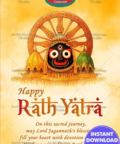 Golden Aura Rath Yatra Greeting Card with Lord Jagannath, Chariot Wheel Design and Crowd Illustration