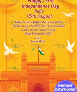 Gateway and Orange Theme Independence Day Greeting Card with Indian Flag and Doves Design