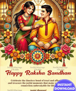 Floral Raksha Bandhan Greeting Card Featuring Sister Tying Rakhi to Brother with Traditional Arch Design