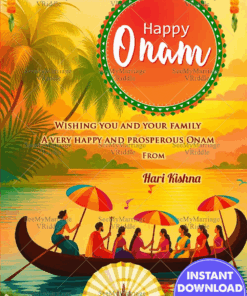 Vibrant Onam Greeting with Boat Ride with Flower Carpet & Sunset Nature Kerala Theme