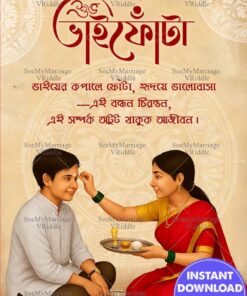 Ritual Illustration Bengali Bhai Phonta Greeting Card with Sister Applying Tilak and Sibling Bond