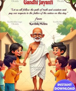Happy Gandhi Jayanti Greeting Card with Children Holding Hands in Village Scene