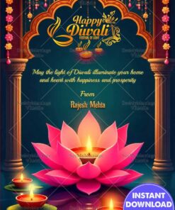 Radiant Lotus Diwali Greeting Card with Golden Arch Frame, Hanging Marigold Garlands and Glowing Diyas on Water