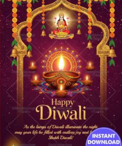 Divine Goddess Lakshmi Diwali Greeting Card with Golden Arch Frame, Marigold Garlands, Hanging Bells and Illuminated Diyas on Rangoli Background