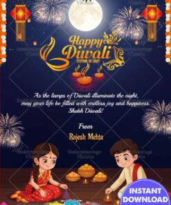 Charming Kids Diwali Greeting Card with Featuring Rangoli Art, Fireworks and Full Moon Night