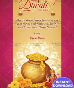 Goddess Lakshmi Diwali Greeting Card with Golden Pot of Coins, Marigold Flowers and Glowing Diyas