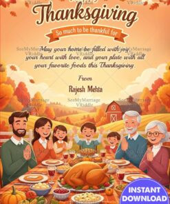 Family Feast Thanksgiving Gathering Card with Autumn Countryside Charm and a Bountiful Harvest Dinner Spread