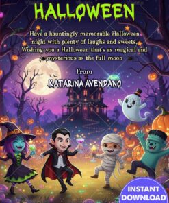 Monster Party Halloween Night Greeting Card with Witch, Vampire, Mummy and Ghost Under a Magical Full Moon Sky