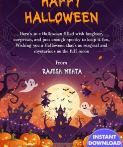 Moon Halloween Greeting Card with Spooky Witches, Glowing Jack-o’-Lanterns and Playful Ghosts