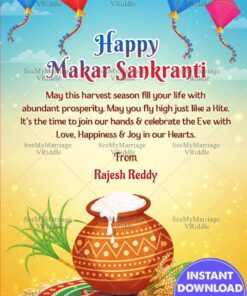 Festive Kites Makar Sankranti Greeting Card with Traditional Pot, Rangoli & Harvest Elements Design