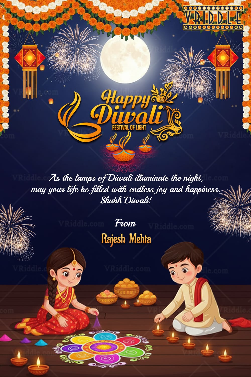 Charming Kids Diwali Greeting Card with Featuring Rangoli Art, Fireworks and Full Moon Night - Image 2