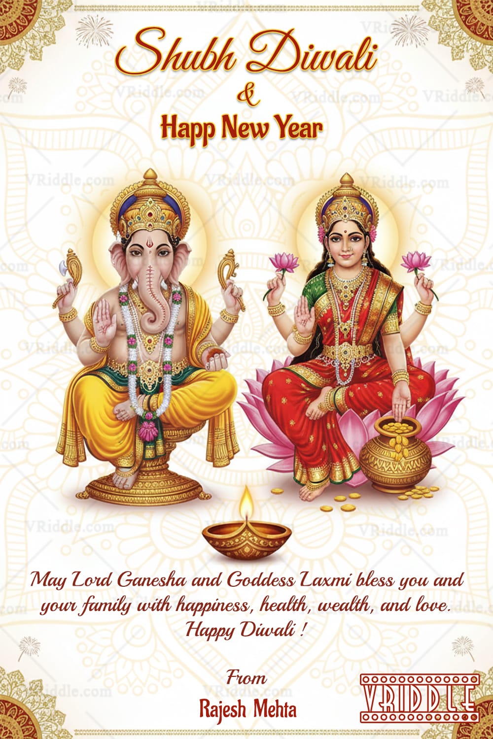 Divine Shubh Diwali and New Year Greeting Card with Lord Ganesha and Goddess Lakshmi - Image 2