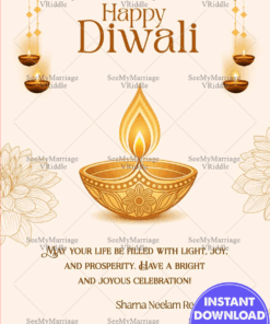 Golden Diya Diwali Greeting Card with Hanging Lamps and Floral Motif with Warm Festive Tones
