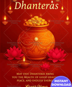 Golden Pot Dhanteras Greeting Card with Lotus Flowers, Diya and Ornate Red Background