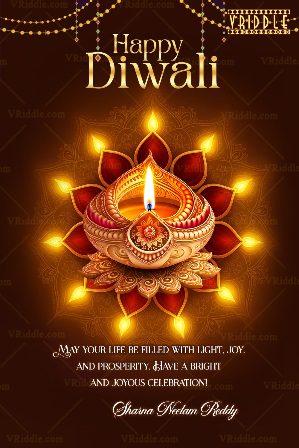 Radiant Diwali Wishes Greeting with Ornate Diya and Mandala Glow In Brown Backdrop - Image 2
