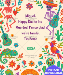 Dancing Skeletons Día de los Muertos Card with Musical Motifs & Colorful Creatures